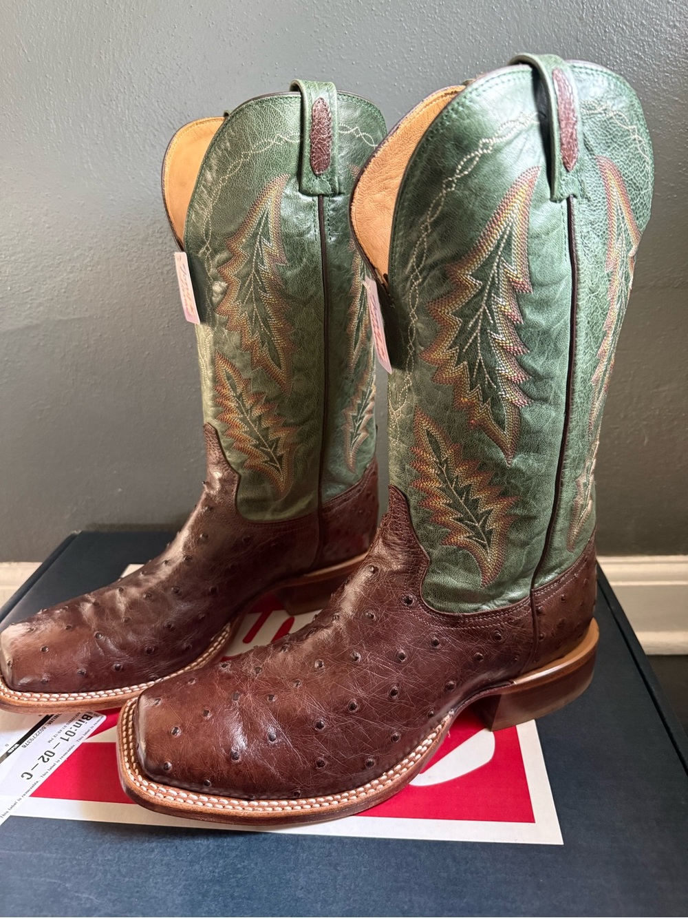 Tony Lama Brown Ostrich Western Boots with Green Embroidered Shaft - Picture 4 of 9